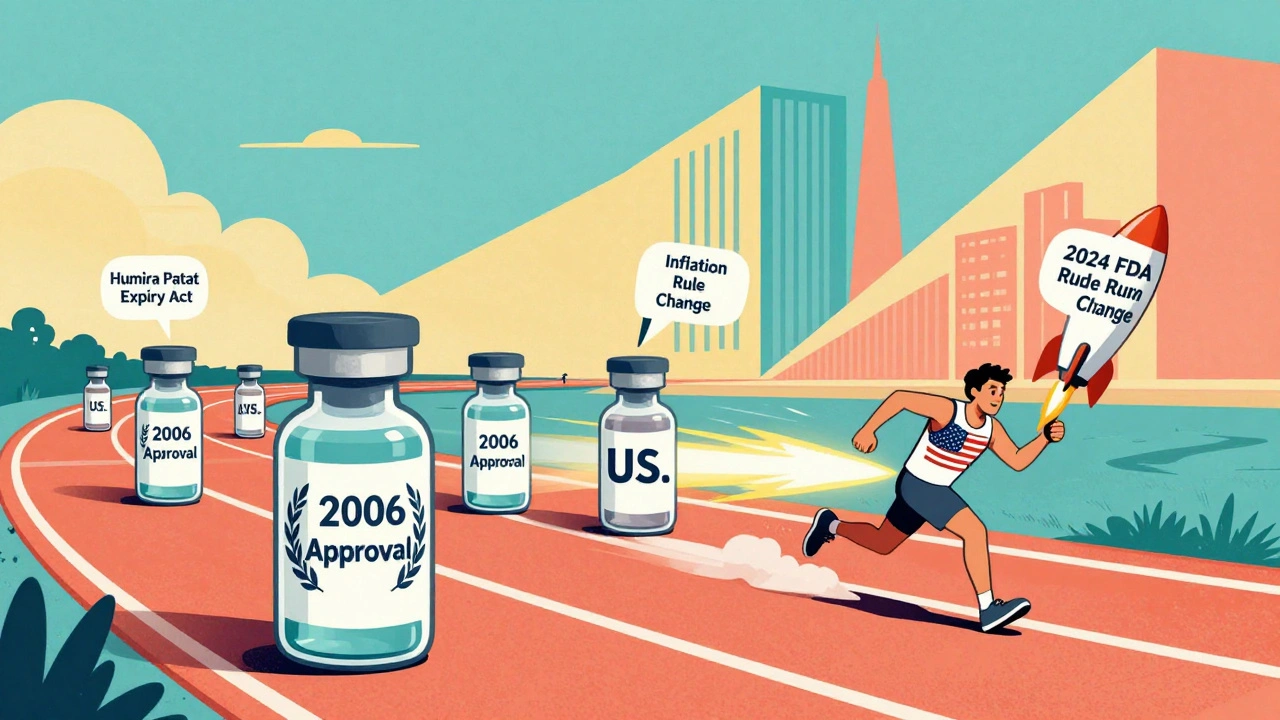 Biosimilar race track with Europe leading and the U.S. surging ahead in retro illustration