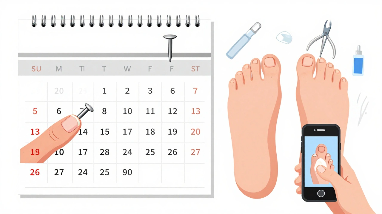 Calendar showing nail growth progress over months: fungal infection healing vs. psoriasis improving with treatment.