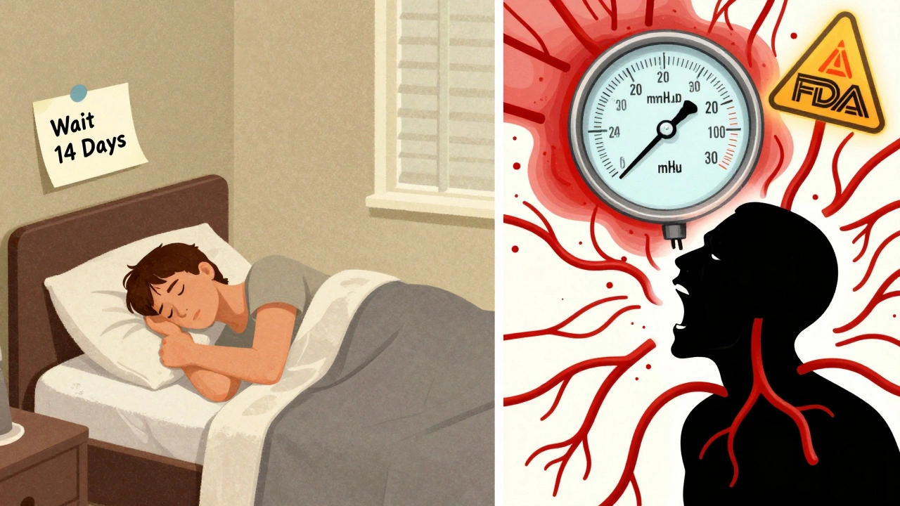 Calm sleep on one side, violent hypertensive crisis on the other, with a 240 mmHg gauge and FDA warning.