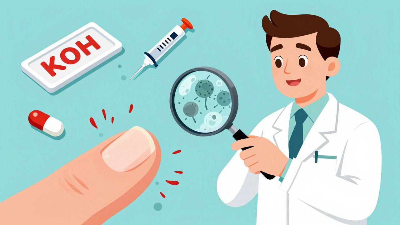 Dermatologist using magnifier to show fungal threads and immune cells attacking nail tissue, with medical icons floating around.