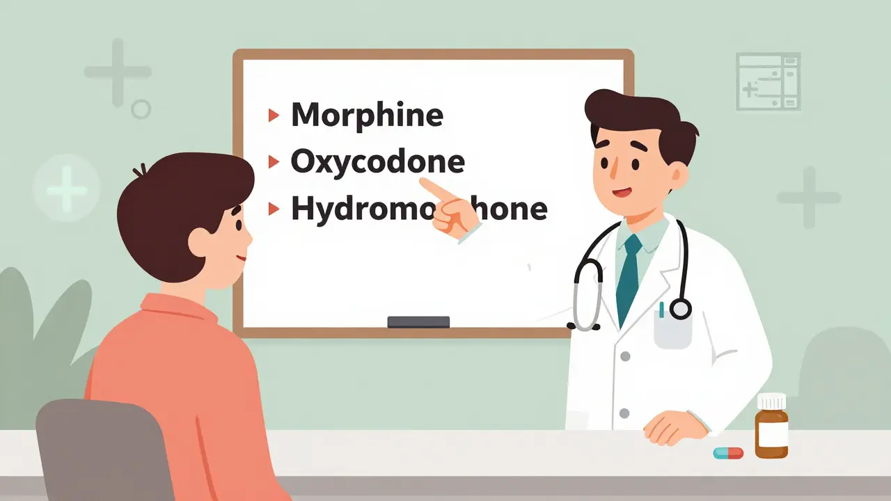 Doctor and patient discussing opioid rotation with ginger and stool softener on desk.