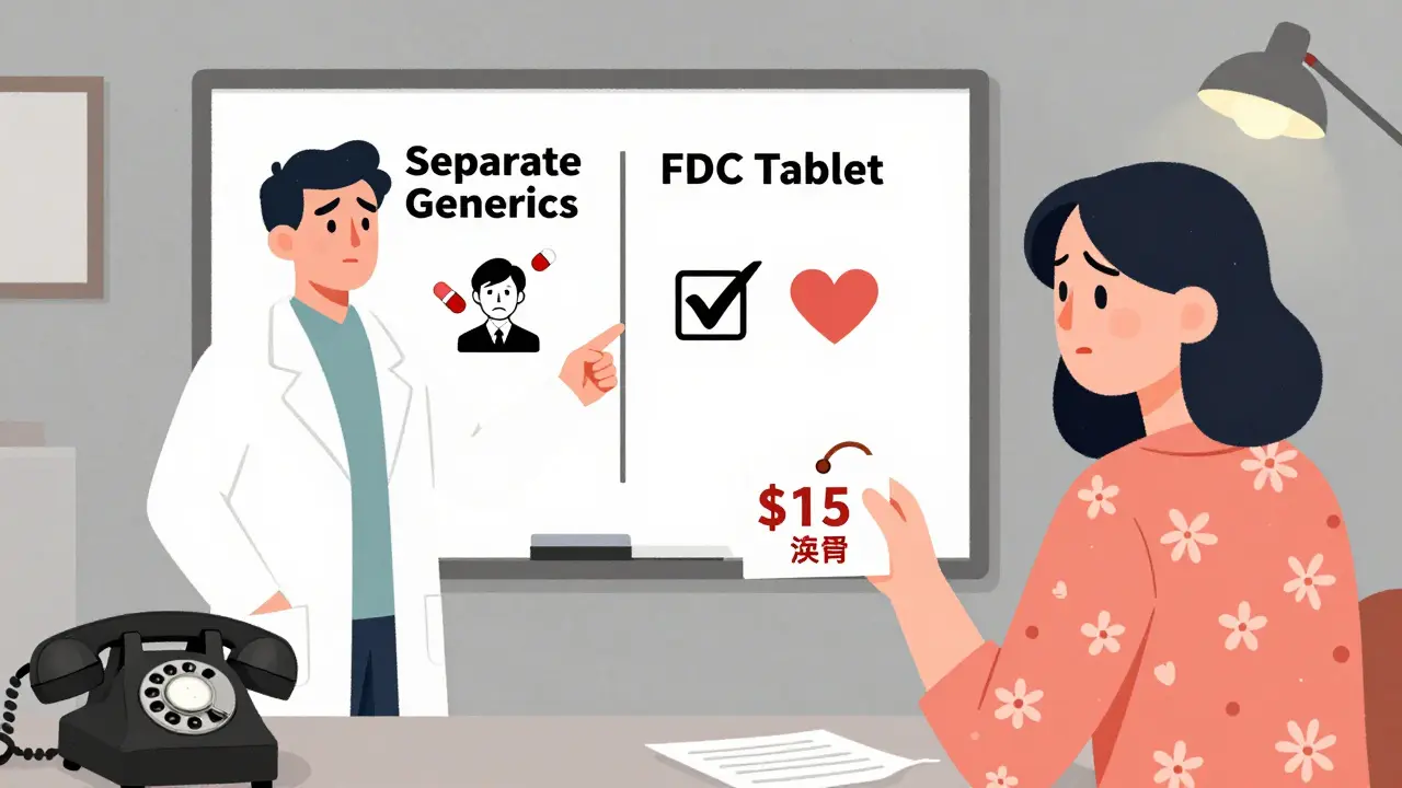 Doctor explains FDC vs separate pills on a whiteboard, patient holds a price tag, 1960s office setting.