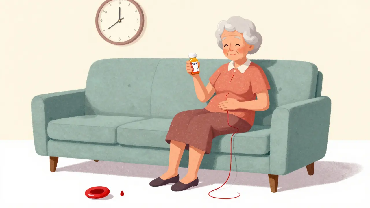 Elderly woman taking ibuprofen while subtle bleeding shadows appear nearby