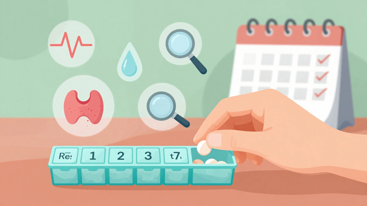 Hand placing pill in organizer with floating health icons above