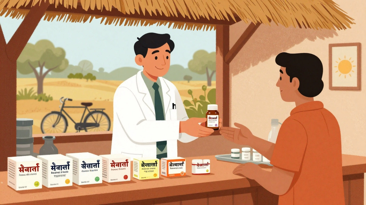 Indian doctor handing a low-cost generic pill bottle to a patient in a rural pharmacy under a thatched roof.