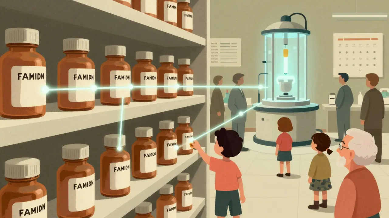 Medicine bottles on a shelf linked by glowing lines to a distant lab testing them.