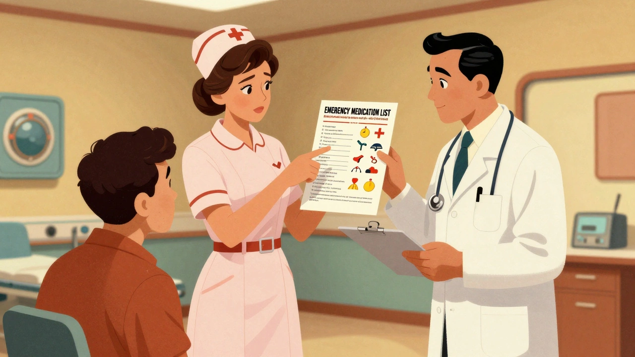 Nurse and doctor in retro ER examining a translated medication list with calm patient