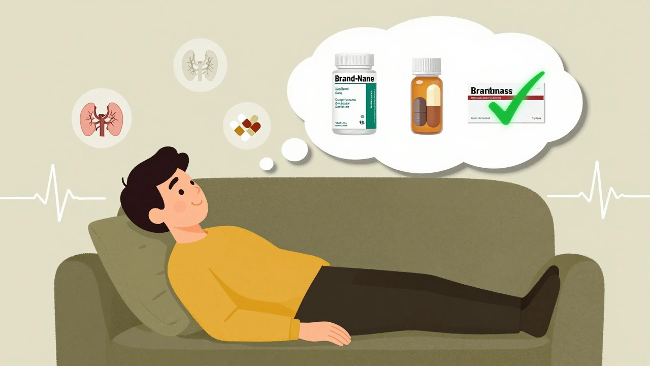 Patient&#039;s thought bubble comparing pill types, with authorized generic marked as identical to brand.