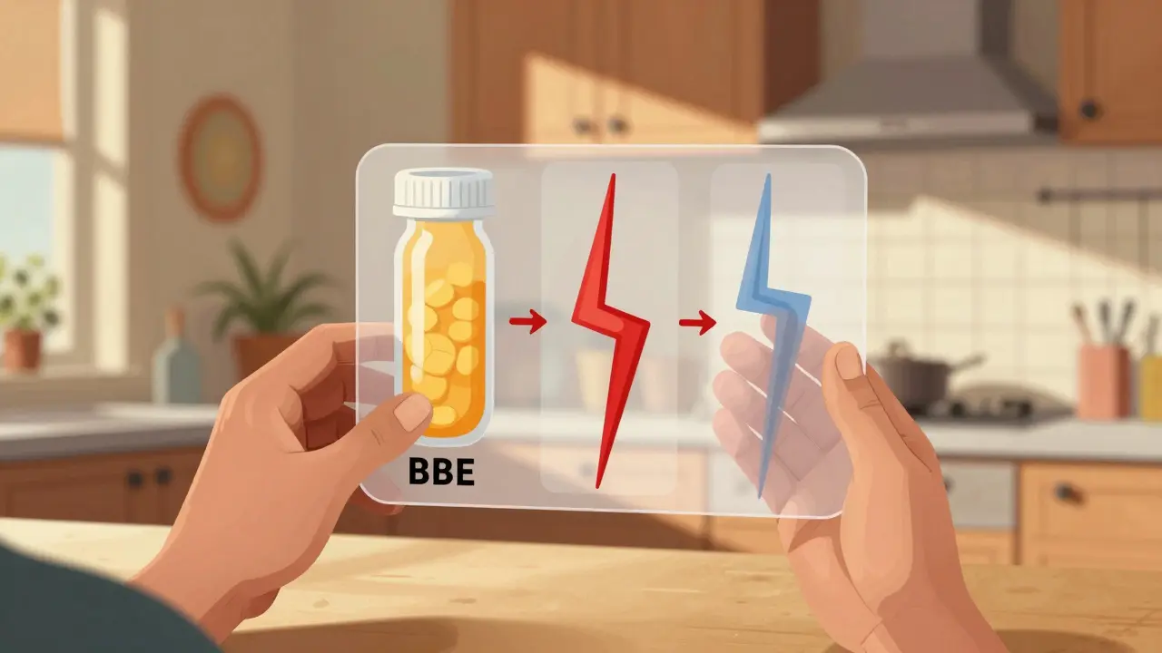 Patient holding pill bottle with transparent bloodstream paths showing consistent vs. inconsistent drug absorption.