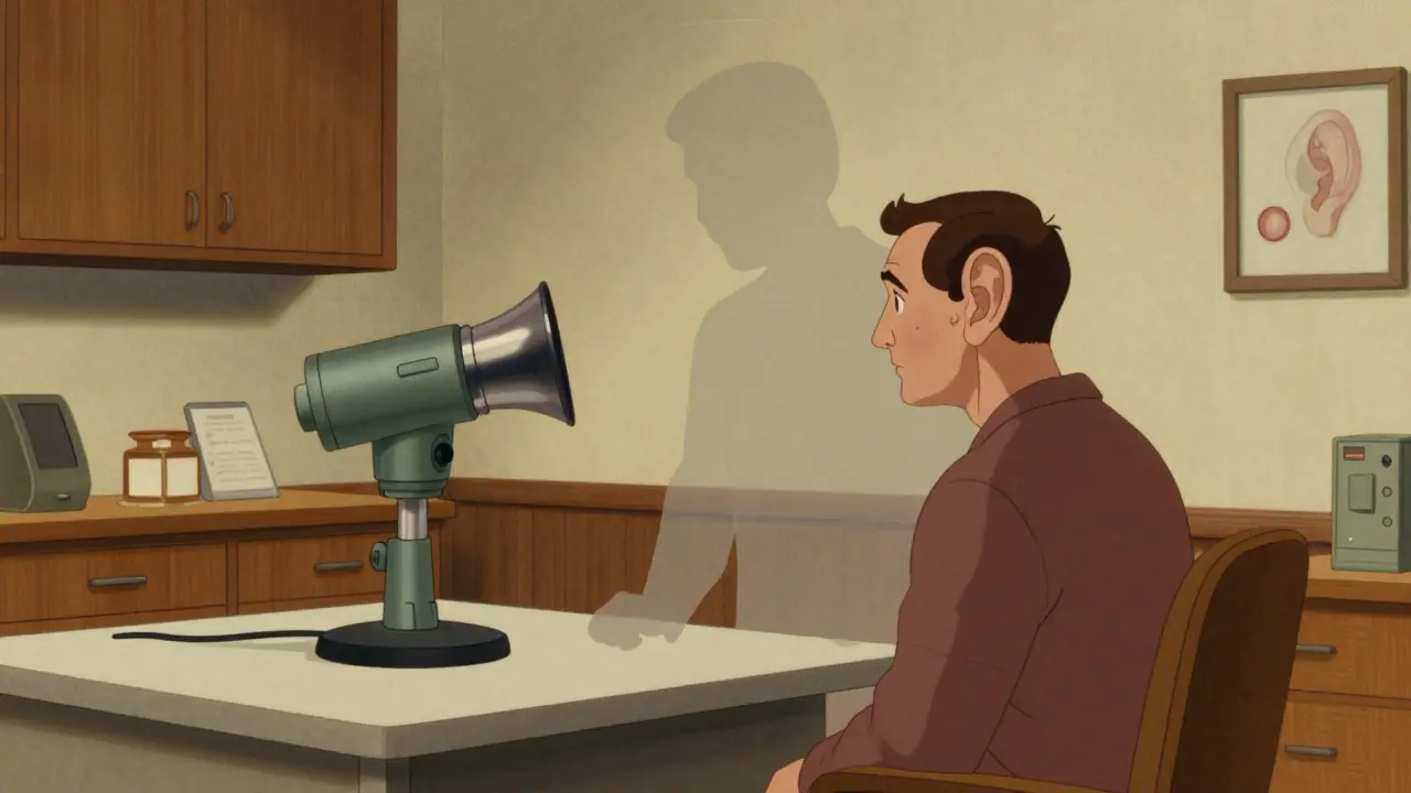 Patient in a 1950s-style doctor's office with an audiometer and a ghostly inner ear shadow behind them.