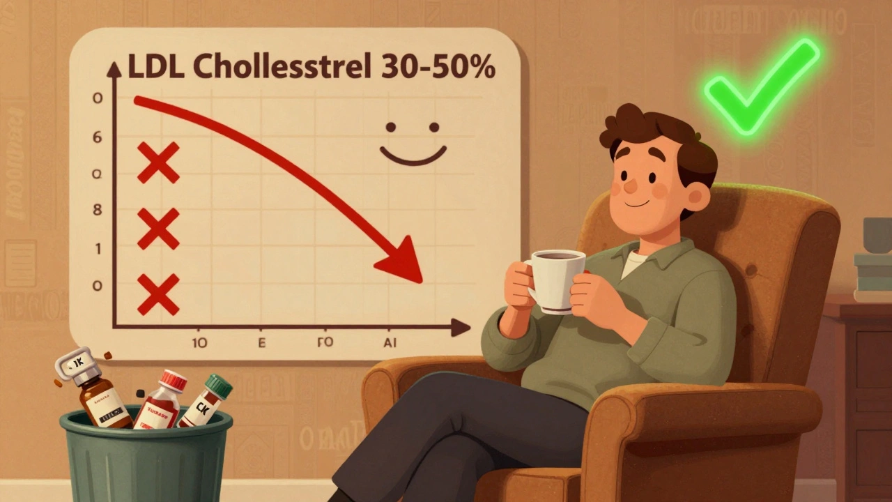 Patient relaxed as LDL cholesterol drops, outdated lab tests discarded.