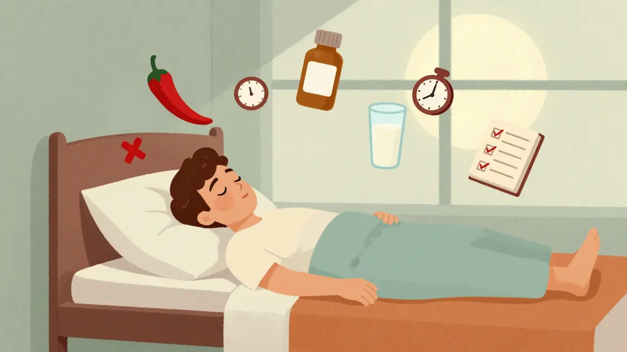 Person sleeping with elevated bed and symbols of dietary and medication adjustments