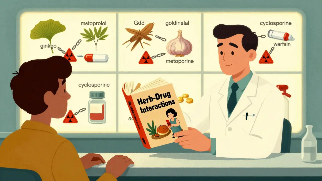 Pharmacist giving book on herb-drug interactions with floating hazardous supplements