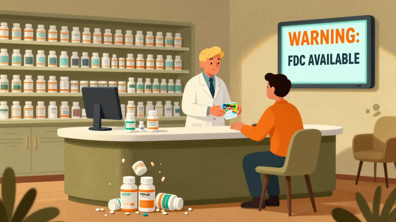 Pharmacist hands patient a blister pack while generic pill bottles spill everywhere, digital warning on screen.