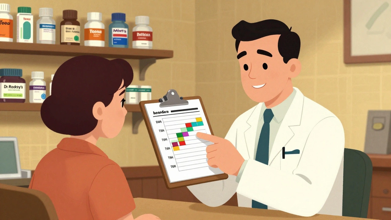 Pharmacist reviewing patient&#039;s symptom chart with generic drug bottles in background