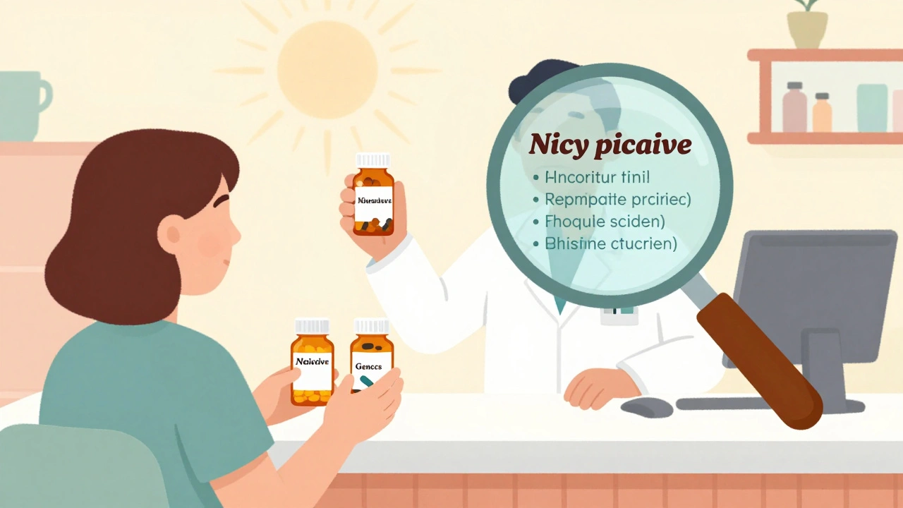 Pharmacist showing identical pills in branded and generic bottles at a mid-century pharmacy counter.