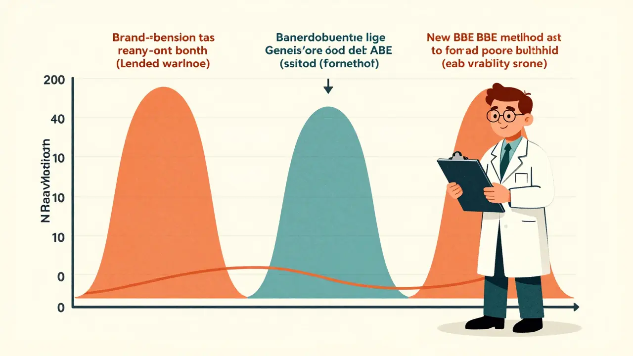 Retro-style graph with three bell curves comparing brand and generic drug variability using ABE and BBE methods.