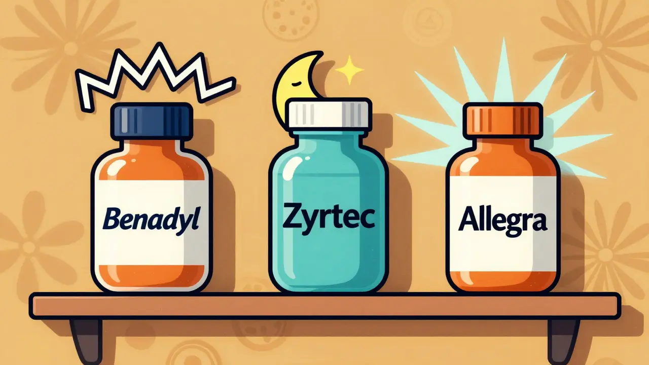 Retro-styled antihistamine bottles on a shelf, each visually coded for sedation levels with abstract symbols.