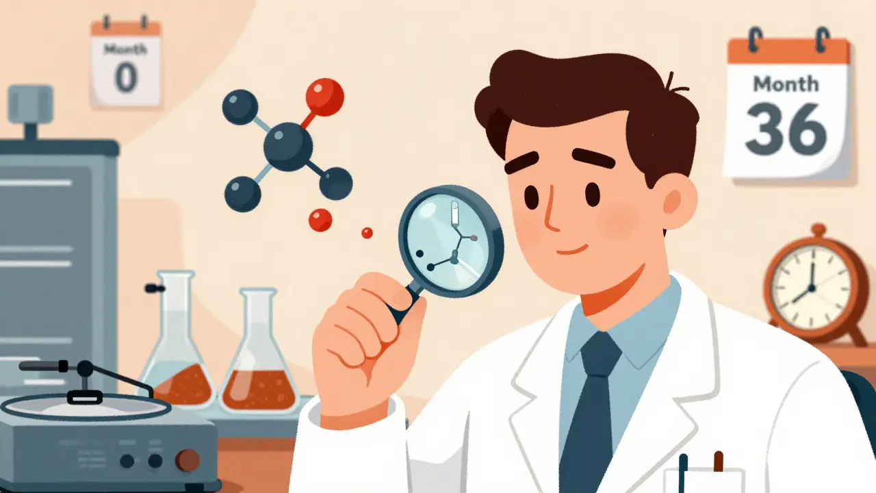 Scientist examining a drug vial as molecular breakdown products float nearby.