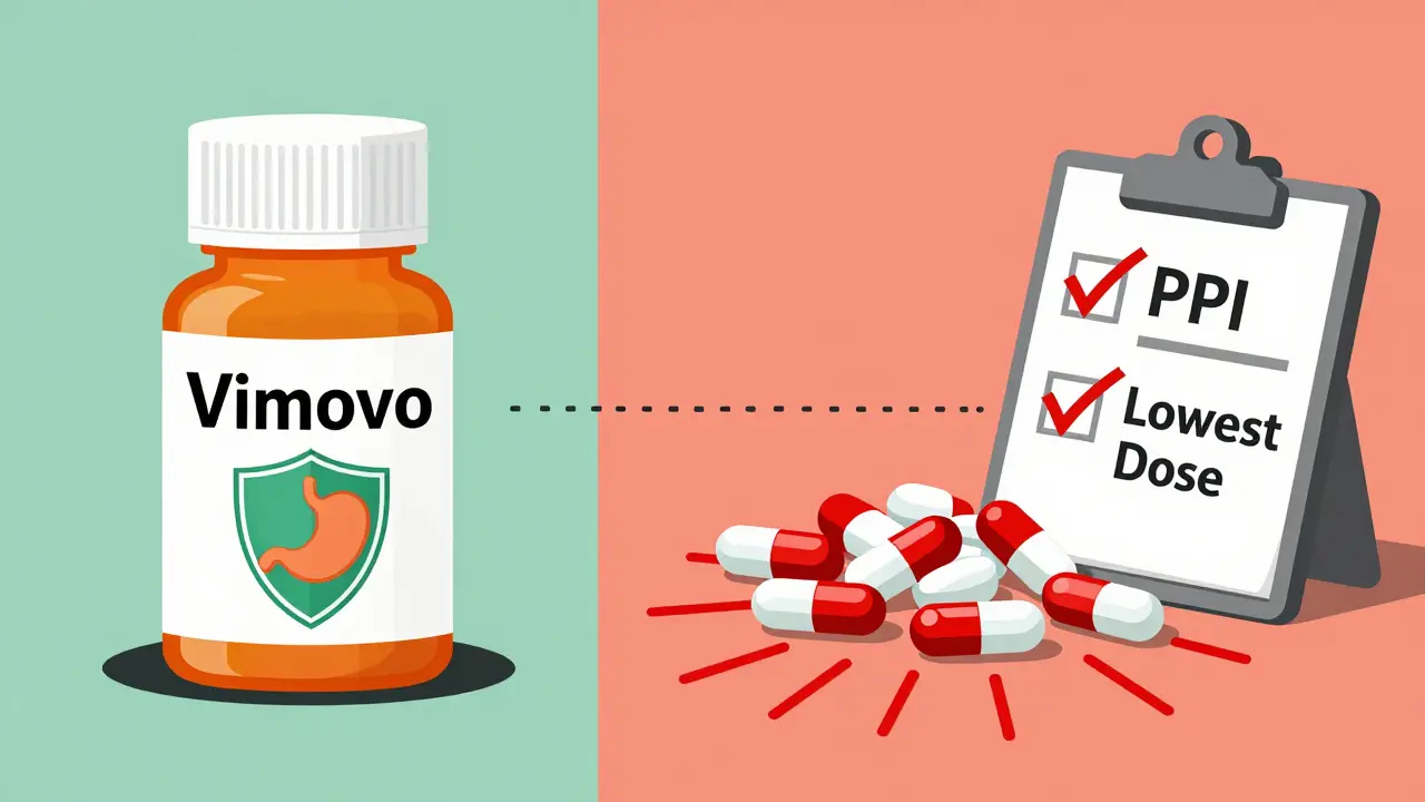 Split illustration comparing safe Vimovo pill versus risky NSAID combination