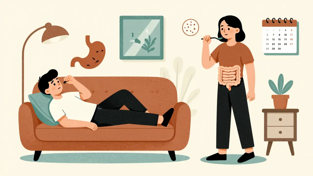 Split illustration showing nausea relief through small meals and upright posture.