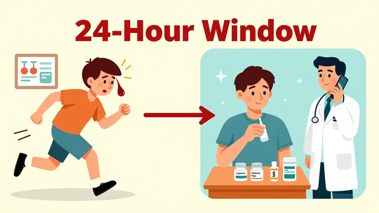Split scene comparing hospitalization vs. proper management of medication diarrhea