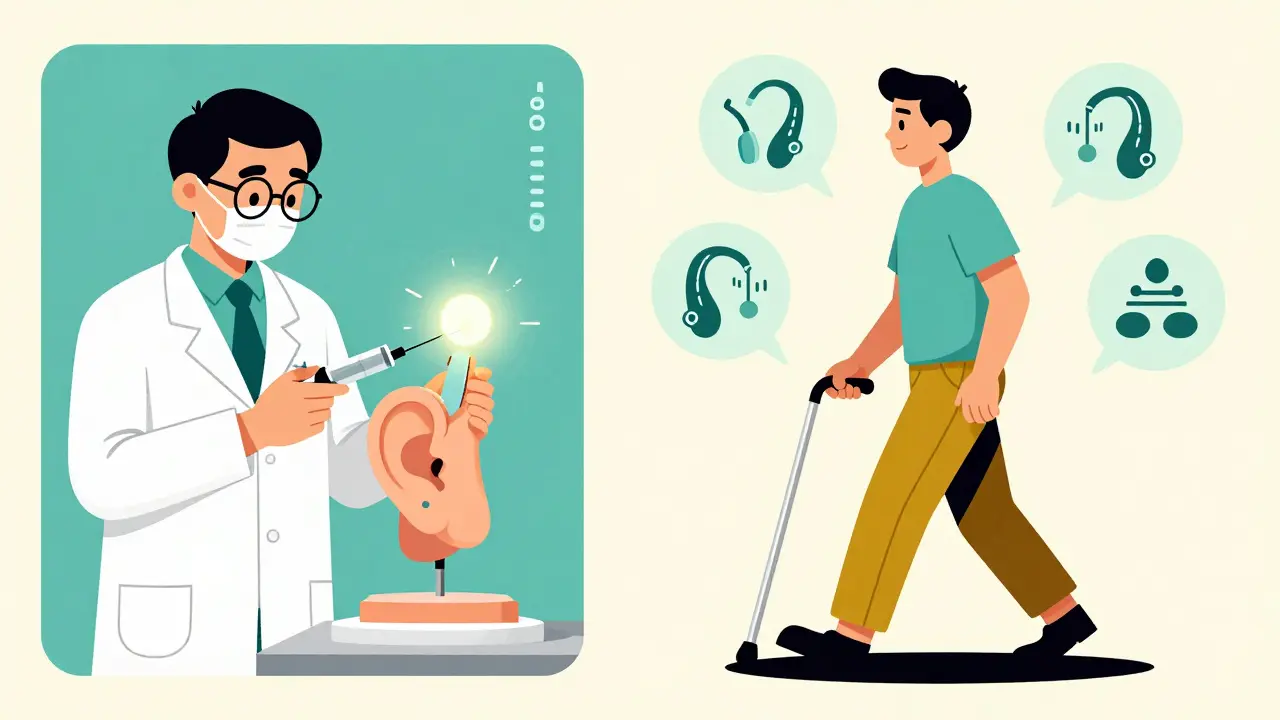 Split scene of scientist administering otoprotectant and patient regaining balance with medical icons in mid-century illustration style.