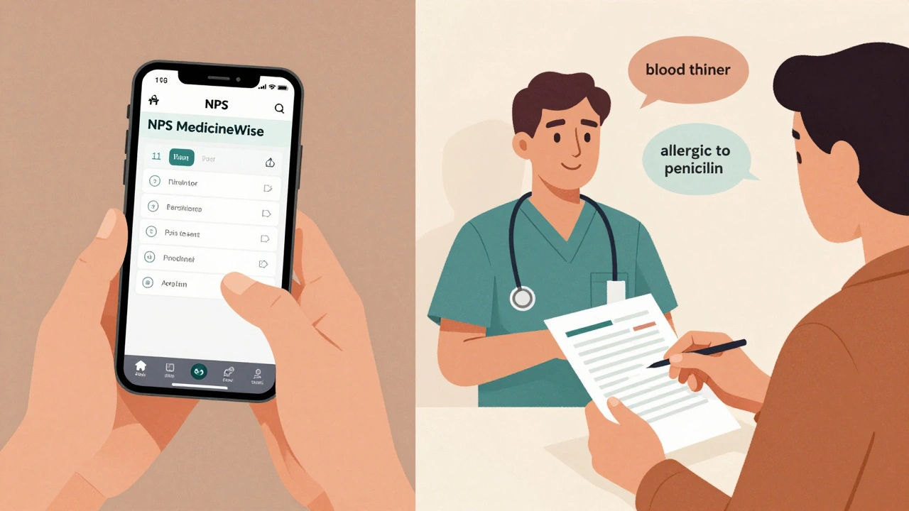 Split scene: person using medication app and handing printed list to foreign ER staff