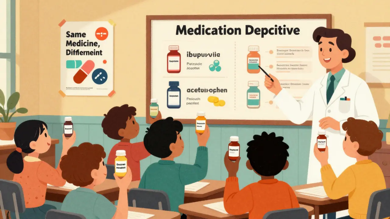 Students matching pill bottles to active ingredients in a classroom with a pharmacist, mid-century style.
