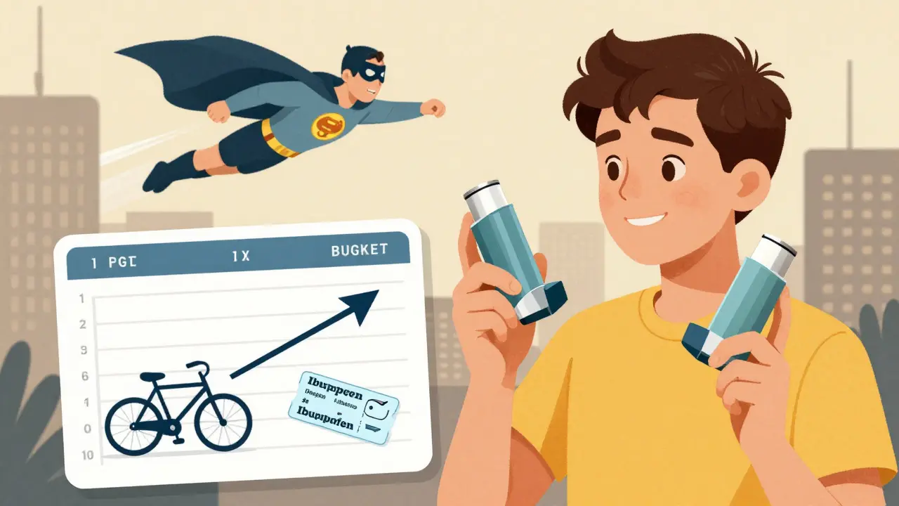 Teen holding generic and brand inhalers beside a budget chart leading to a bike and plane ticket.