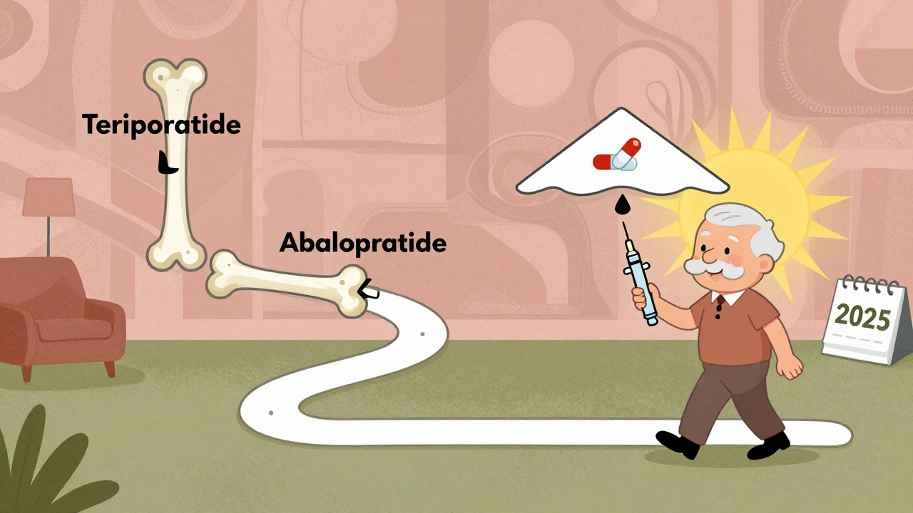 Timeline path showing abaloparatide leading to stronger bone maintenance with a protective roof and weekly injection.