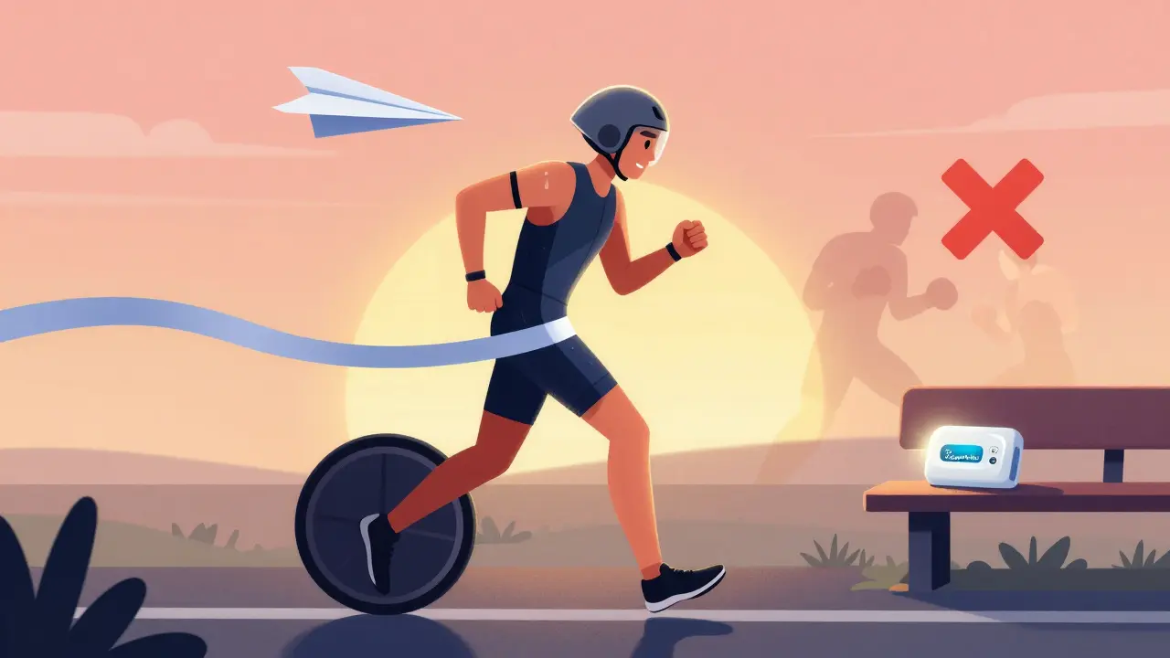 Triathlete crossing finish line with medical test result floating nearby, while high-risk sports fade into a red X.
