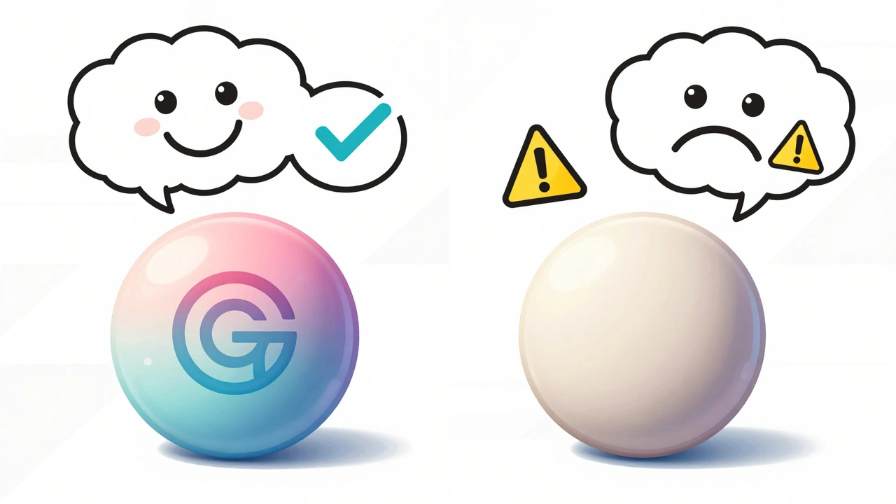 Two identical pills side by side, one branded and one generic, with contrasting thought bubbles showing trust versus doubt.