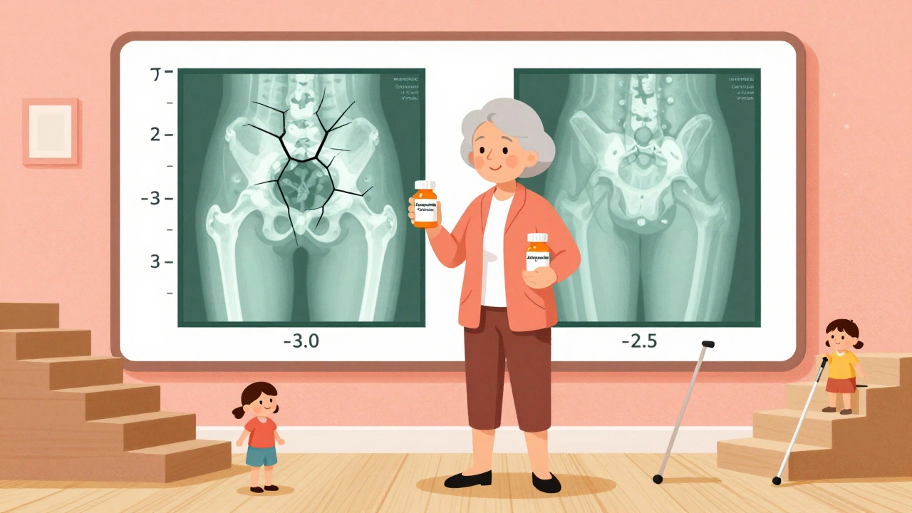 Woman comparing osteoporosis medications while standing before bone density scans showing improved hip structure.