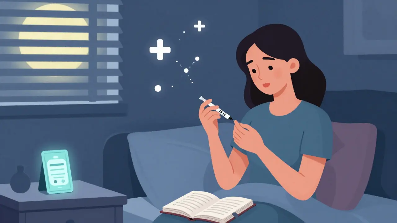 Woman giving herself an octreotide shot at night with diary and electrolyte packet