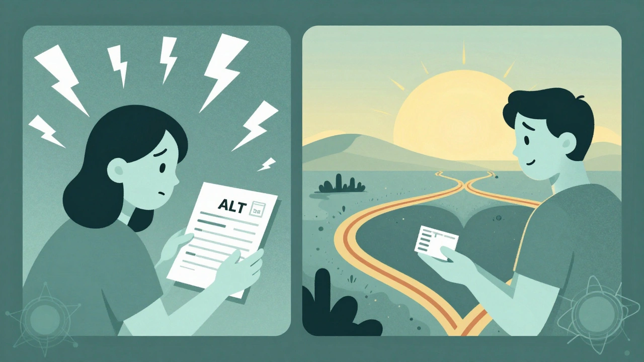 Worried patient vs. calm patient: mild ALT spike vs. healthy heart outcome.