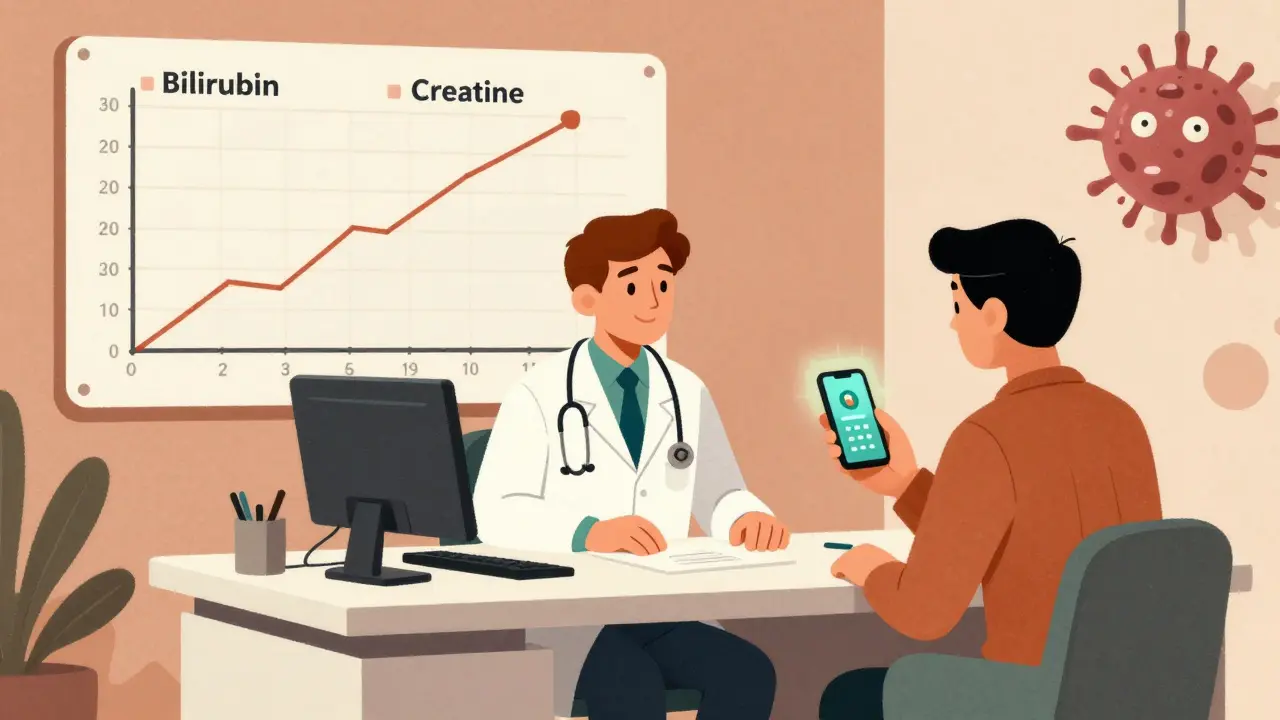 A doctor and patient review blood test results on a graph, with a smartphone reminder glowing on the table.