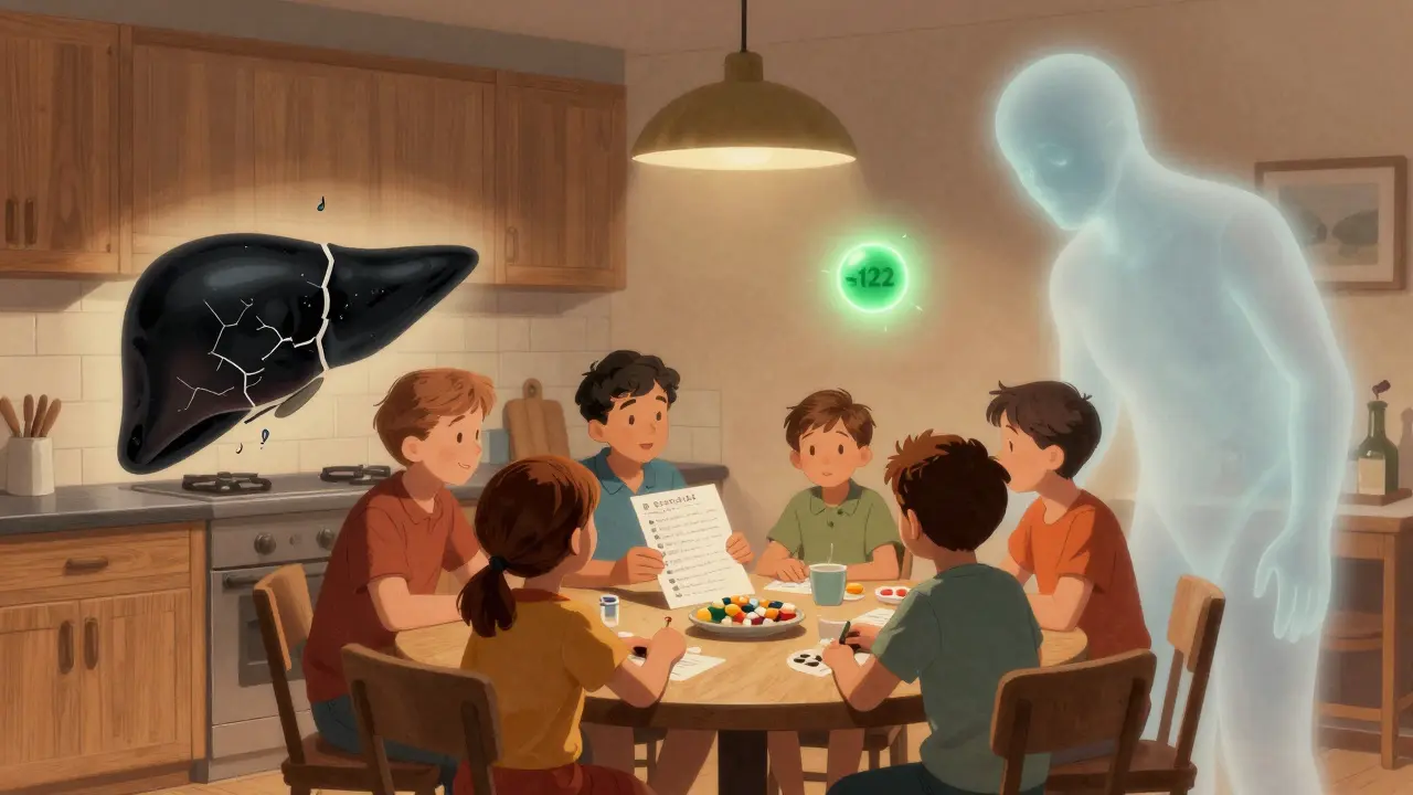 A family at a kitchen table as a crumbling liver fades beside them, with a glowing biomarker nearby.