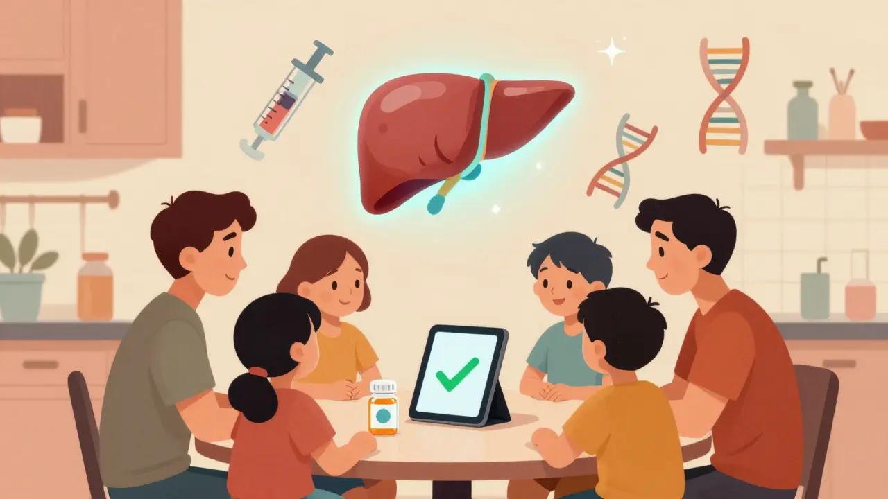 A family supports a transplant recipient as a smart pill bottle syncs with a tablet showing a healthy liver.