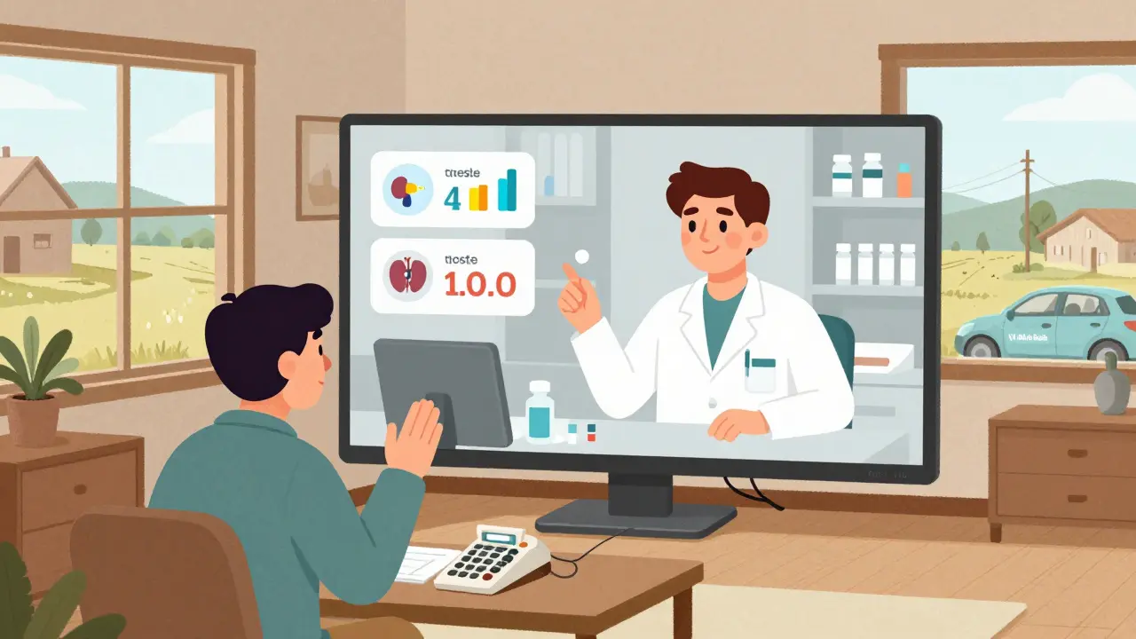 A patient in a home video-calls a pharmacist for medication review, with digital health icons floating beside them.
