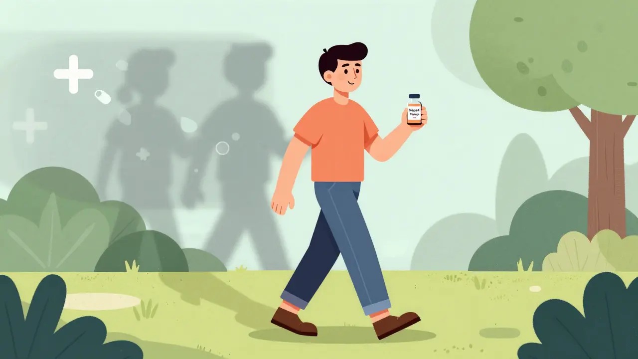 A patient walking in a garden with a targeted therapy vial, while chemotherapy symbols fade away.