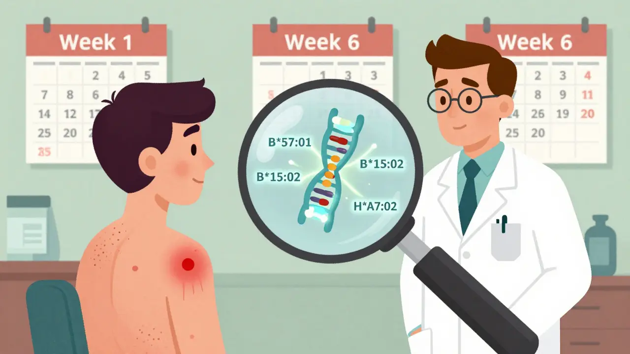A patient with rash and fever, viewed through a magnifying glass revealing glowing gene markers and drug metabolites.