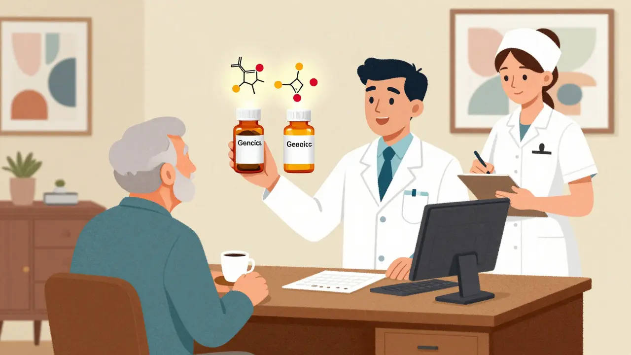 A pharmacist shows an elderly patient two identical pills—one brand, one generic—using a visual diagram on a mid-century desk.