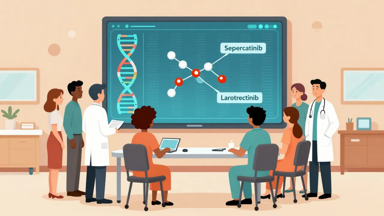 Diverse patients and doctors viewing tumor DNA sequences on a screen, with drug molecules connecting to mutations.