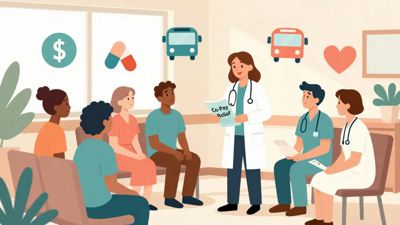 Diverse patients in a cancer center waiting room receiving help from a financial navigator, with icons of pills, buses, and hearts floating above.