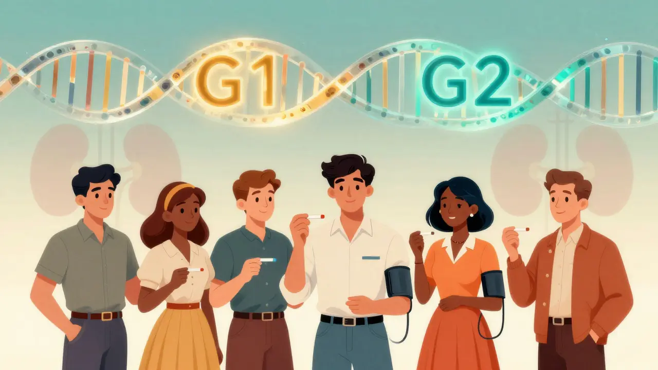 Diverse people holding medical tests under a glowing DNA helix with G1 and G2 variants in mid-century modern design.