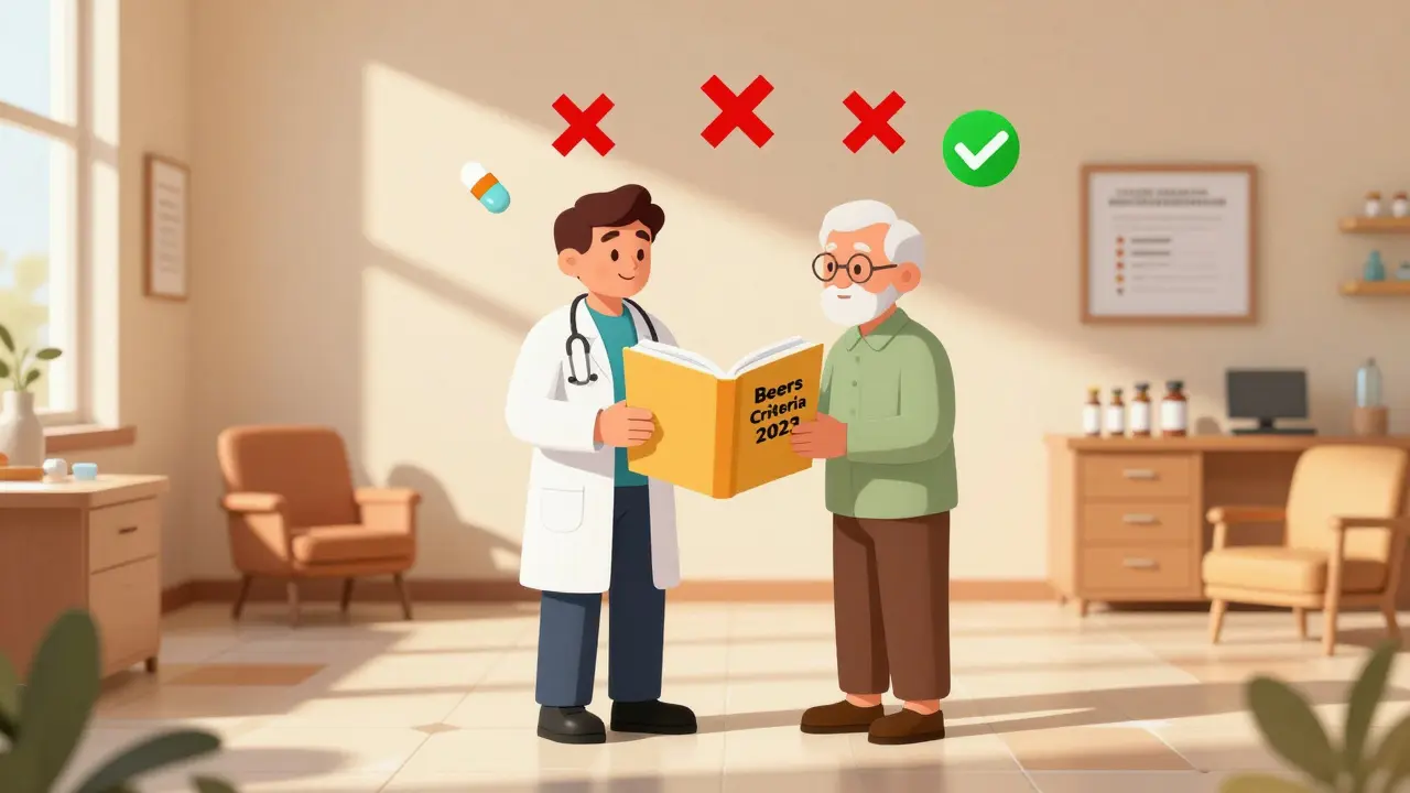 Doctor and pharmacist reviewing medication list with elderly patient using Beers Criteria.