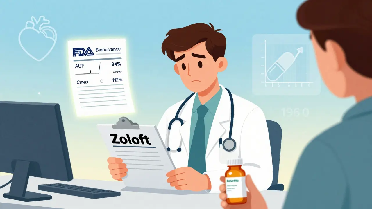 Doctor hesitates to prescribe generic as FDA bioequivalence data glows beside prescription.