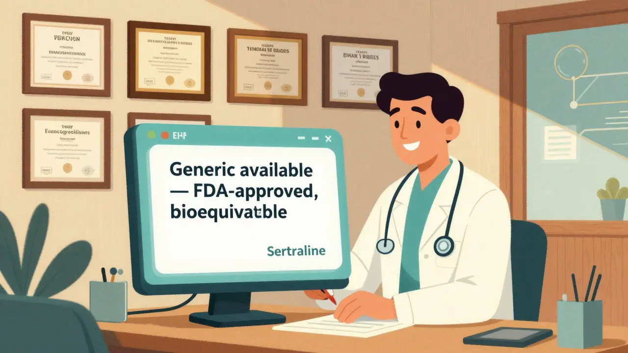 Doctor prescribes generic with EHR alert, timeline shows evolution from brand-focused to evidence-based education.