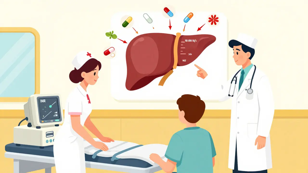Emergency staff monitoring liver enzymes with a stylized liver diagram in a retro ER setting.